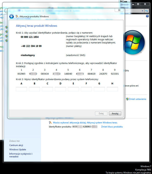 Telefoniczna aktywacja kopii systemu Windows 7